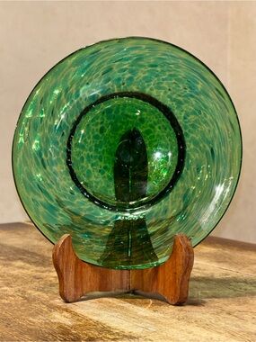 Green Blue Mottled Art Glass Plate Wide Rim Shallow Decorative Bowl 7”